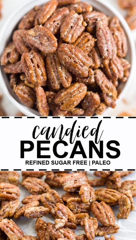 candied pecans Spiced Pecans, Roasted Pecans, Pecan Recipes, Candied Pecans, Paleo Snacks, Thanksgiving Appetizers, Paleo Dessert, Best Recipe, Refined Sugar Free