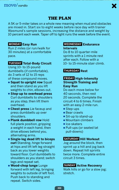 Mud run training plan from fitness magazine Running And Strength Training Plan, Hyrox Training Plan, 2k Running Plan, 2 Mile Run Training Plan, Mud Run Training Workouts, Spartan Training Plan, Tough Mudder Training Plan, Train For Tough Mudder 5k, Training For A Mud Run