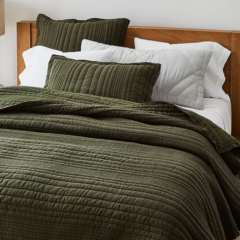 West Elm Quilt, Pick Stitch Quilt, Textured Duvet Cover, Pick Stitch, Stylish Curtains, Velvet Quilt, Green Bedding, Green Quilt, Primary Bedroom