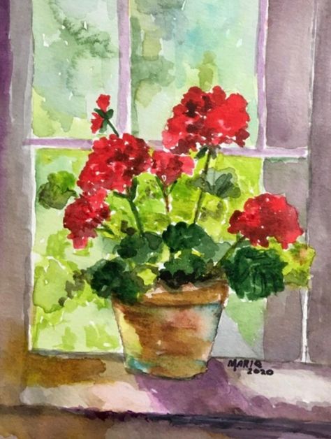 Print of my original watercolor of geraniums, red floral original art, garden art. Contemporary painting of geraniums in a window  Printed on archival printer paper with small white border. Inks are archival which will last a lifetime.  Prints are sent in cellophane sleeve with cardboard in a sturdy mailer to protect it while shipping.  Hang print out of direct sunlight for many years of enjoyment. YOU ARE BUYING A PRINT FRAMED PRINT IS DISPLAYED IN MY HOME. FRAME NOT INCLUDED IN SALE. Painting Contemporary Art, Watercolor Paintings For Beginners, Diy Watercolor Painting, Watercolor Red, Painting Contemporary, Watercolor Flower Art, Watercolor Painting Techniques, Cat Air, 수채화 그림