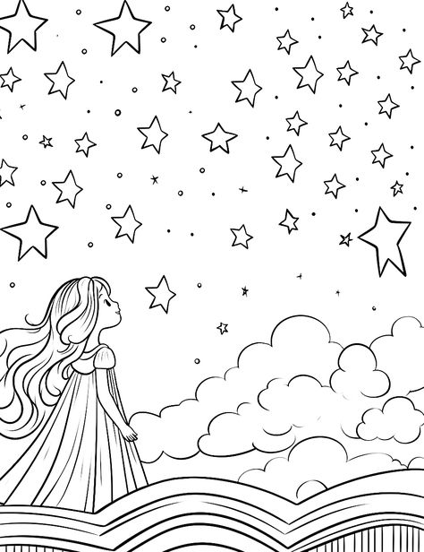 Princess and Star: A princess looking up at a glowing star in the night sky from her castle roof. (Free Printable Coloring Page for Kids) Star Coloring Pages Free Printable, Sky Coloring Pages, Stars Coloring Pages, Princess Coloring Sheets, Glowing Star, Star Coloring Pages, Coloring Pages Free Printable, Free Coloring Sheets, Outline Drawing