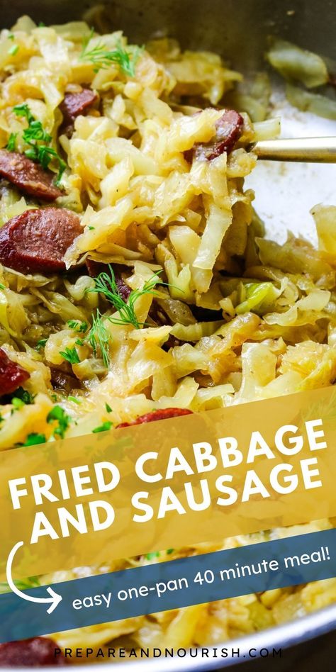 This Easy Fried Cabbage and Sausage Skillet recipe is flavorful, comes together quickly in one pan, and is the perfect solution to your dinner dilemma. Browned Polish sausage, tender-crisp cabbage, and caramelized onions come together to create a delicious and satisfying meal that's ready in no time. Serve it as a standalone main dish or pair it with other sides - either way, this sauteed cabbage and sausage recipe will be a hit on busy weeknights! Sausage And Cabbage Recipes, Cabbage And Sausage Recipes, Cabbage And Sausage Skillet, Fried Cabbage And Sausage, Easy Fried Cabbage, Sausage Skillet Recipe, Sausage Stir Fry, Fried Cabbage With Sausage, Sausage Skillet