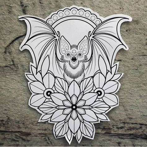 Opposing Tattoos, Goth Neo Traditional Tattoo, Neotraditional Bat Tattoo Design, Bat Shin Tattoo, Old Fashion Tattoos Vintage, Traditional Style Bat Tattoo, Gothic Tattoo Stencils, Traditional Tattoo Stencils Outline, Bat Traditional Tattoo