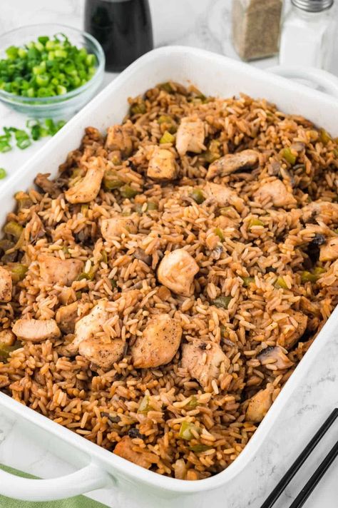 Oven Baked Chicken Fried Rice - Simply Stacie Chinese Rice Casserole, Baked Chicken Fried Rice, Oven Fried Rice, Cooked Chicken Leftovers, Chicken Fried Rice Recipe Easy, Greek Chicken Salad, Simply Stacie, Freezing Food, Chicken Fried Rice Recipe