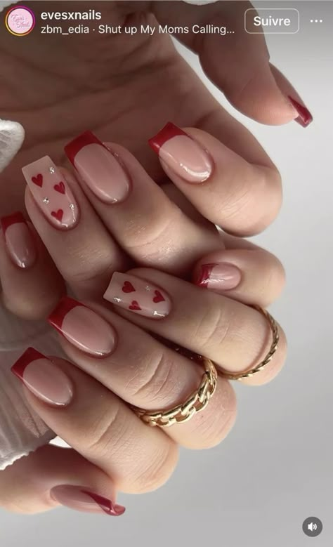 Red valentine french tip nails #2024nails #nails #naildesign #nailsinspo #shortnails #valentine #valentinenails Red Valentines Nails, Cute Prom Nails, Kutek Disney, Valentines Nail, Simple Gel Nails, February Nails, Nail Designs Valentines, Valentine Nails, Valentines Day Nails