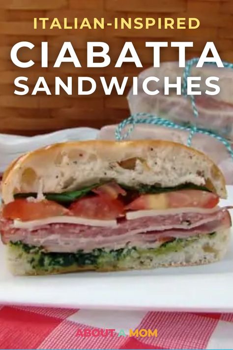 Easy and delicious Italian ciabatta sandwiches: ideal for a picnic lunch. Pesto, salami, ham, and more in every bite! Pesto Salami Sandwich, Sandwiches On Ciabatta Bread, Ciabatta Sandwiches, Homemade Bolognese Sauce, Salami Sandwich, Homemade Bolognese, Baguette Sandwich, Pea Pesto, Picnic Recipes