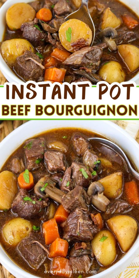 Instant Pot Beef Bourguignon takes the classic French recipe  and simplifies it to be made in the pressure cooker for the most tender and juicy beef. The beef and vegetables are cooked with a red wine sauce for a delicious dinner. Perfect for any day and great for a special dinner. Instant Pot Beef Bourguignon, Beef Red Wine, Beef Stew Instant Pot, Cooking With Red Wine, Savory Meals, Potted Beef, Beef Bourguignon, Slow Cook, Holiday Meal