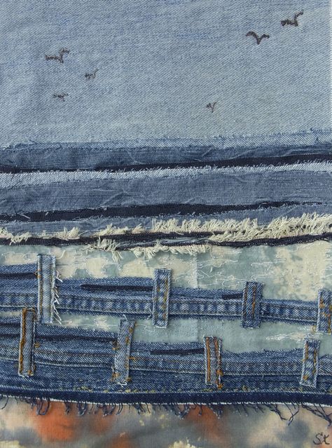 Seascape Quilts, Colchas Quilting, Jeans Crafts, Jean Quilt, Sewing Jeans, Landscape Art Quilts, Applique Art, Landscape Quilt, Textile Art Embroidery