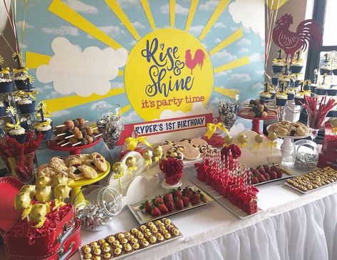 Rise and Shine It’s Party Time - 1st Birthday Rise And Shine Party Theme, Rise And Shine Birthday Party, 1st Birthday Breakfast Theme, Sunshine Candy Table, Breakfast Anyone First Birthday, You Are My Sunshine Food Ideas, Sunrise Breakfast, Teacher Breakfast, Pancake Party