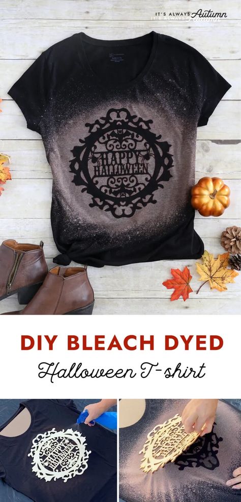 DIY bleach dyed halloween t-shirt Halloween Diy Shirt Ideas, Diy Halloween Tshirts Bleach, Bleach Spray Shirt Diy Stencils, Bleach Tie Dye Halloween Shirts, Bleach Halloween Shirt Diy, Spray Bleach Shirt Diy, Halloween Bleach Shirt Ideas, Diy Bleached Shirt, Halloween Diy Shirts