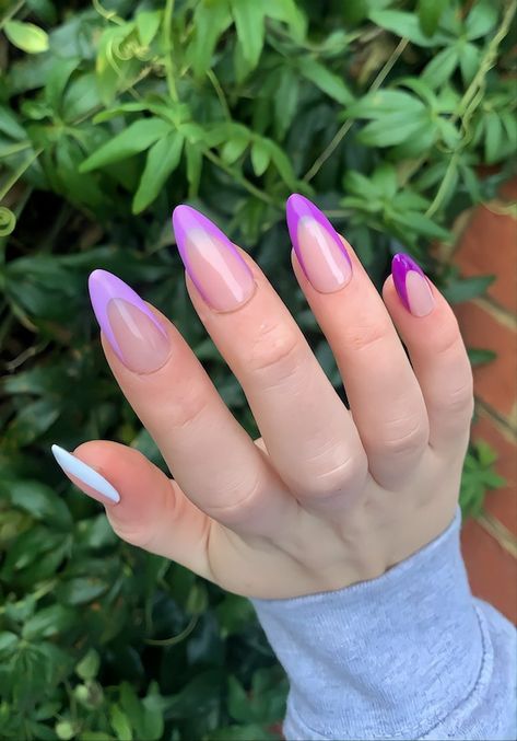 Best 12+ purple french nails you must try this year Purple Alomd Nails Ideas, Late Summer French Tip Nails, Fun Purple Nail Designs, 2 Colour Nails, Dark Purple French Tip Nails, Purple French Tip Nails Acrylic, Purple Tip Nails, Purple Gradient Nails, Purple French Nails