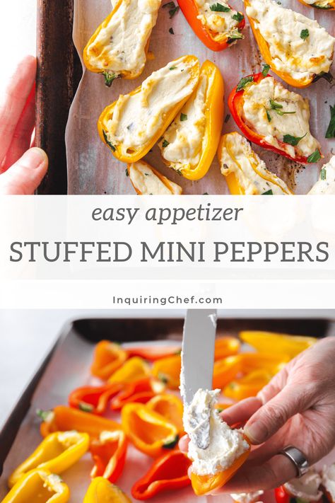 Stuffed mini peppers are filled with tender bites of cheesy, creamy filling, and require just three ingredients to make. This easy appetizer is a sweet and mild alternative to spicy jalapeno poppers, and is perfect for your next party or game day event. Mini Peppers Recipes, Summer Potluck Recipes, Easy Potluck Recipes, Vegetarian Appetizer, Mini Peppers, Cheesy Appetizer, Hot Appetizers, Appetizers For A Crowd, Crowd Pleasing Appetizers