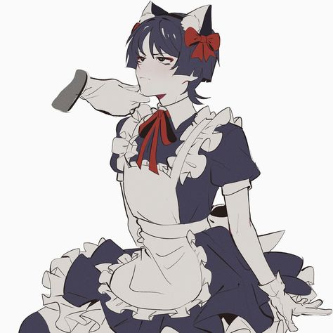 Scara Fanart Maid, Scaramouche Student Au, Scaramouche In A Maid Dress, Scaramouche In A Dress, Scaramouche Maid Dress, Maid Scaramouche, Neko Boy, Wanderer Art, Anime Maid