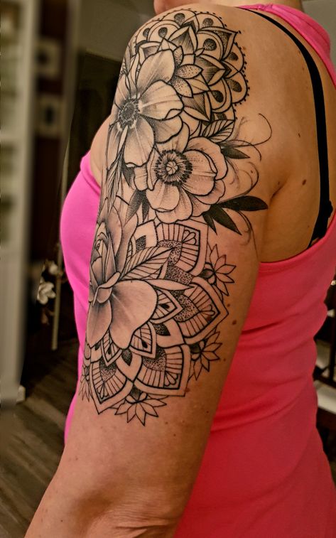 Mandala Floral Shoulder Tattoo, Mandela Tattoo Shoulder, Floral Mandala Tattoo Sleeve, Rib Tattoos Words, Arm Quote Tattoos, Women's Shoulder Tattoo, Girl Shoulder Tattoos, Shoulder Sleeve Tattoos, Quote Tattoos Girls