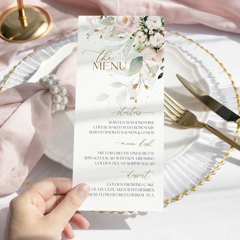 "Check out the link below to our Etsy store for all matching stationery for this design! https://www.etsy.com/shop/LOVEandEVENT?ref=seller-platform-mcnav&search_query=rosie Blush Pink Menu Template | Printable Pink Flowers Wedding Menu Card | Editable Modern Wedding Menu | Elegant Wedding Dinner Menu | ROSIE Welcome and warm greetings from LOVE and EVENT! We are glad to contribute to the preparation of your celebration! This Template is a fully editable design.  Add Foto on the backside if needed.  Personalize your template in Templett, an easy-to-use template editor that works in your web browser. You need to try before you buy! ⛔️Editing on mobile is not possible!⛔️ Editing ability is rather limited on mobile devices, phone, iPad etc. Templett framework is currently optimized for use on Menu Card For Wedding, Elegant Wedding Dinner, Pink Flowers Wedding, Soft Pink Wedding, Menu Card Design, Printable Menu Template, Event Id, Birthday Menu, Wedding Dinner Menu