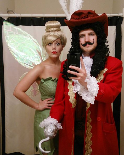 Disney Villain Couples Costume, Tinkerbell And Hook Costume, Disney Couples Costume Ideas, Captain Hook And Tinkerbell Costume, Disney Halloween Couple Costumes, Tinkerbell And Captain Hook Costume, Husband And Wife Halloween Costumes, Couple Costumes Disney, Female Costume Ideas