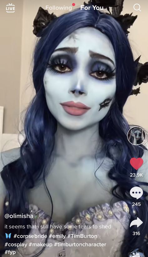 emily corpse bride cosplay/makeup on tiktok by olivia shadders Emily Corpse Bride Makeup, Mysterious Makeup, Corpse Bride Cosplay, Halloween Makeup Inspo, Corpse Bride Makeup, Pumpkin Makeup, Halloween Bride Costumes, Corpse Bride Costume, Emily Corpse Bride