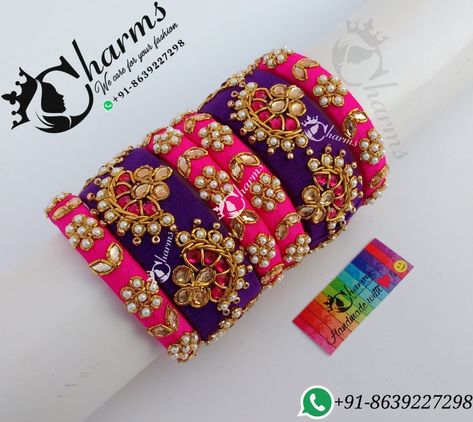 Rawsilk Bangles, Zardosi Bangles, Mirror Bangles, Raw Silk Bangles, Aari Bangles, Mehandi Function, Handmade Flowers Tutorial, Gold Haram Designs, Thread Accessories