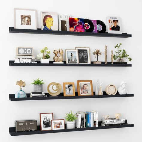 PRICES MAY VARY. Picture Shelf for Wall with Ledge - Our photo ledge shelves boast a distinctive design and an elegant U-shape. The unique baffle guards make your photos and art pieces stay in place without worrying about falling off 16 Inch Stud Design - Each shelf has pre-drilled holes with 16-inch stud spacing, which helps you mount the shelves on the stud with ease. Come with all parts and accessories, easy to assemble, decreasing the hassle and frustration that often comes with shelf assemb Collectible Shelf Display, Floating Shelves Photo Display, Wall With Ledge, Floating Shelves With Lip, Photo Ledge Display, Wall Picture Ledge, Ledge Floating Shelves, Office Wall Shelf, Shelves With Lip