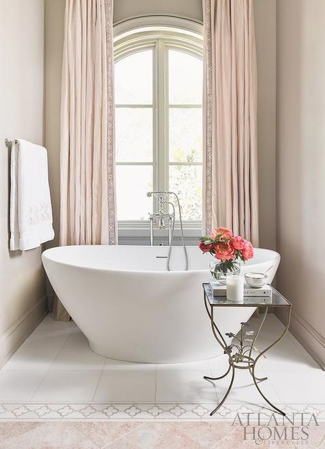 Sherwin Williams Tony Taupe Paint Color Taupe Bathroom, Feminine Bathroom, Pink Tub, Palladian Window, Glamorous Bathroom, Pink Curtains, Transitional Bathroom, Atlanta Homes, Pink Bathroom