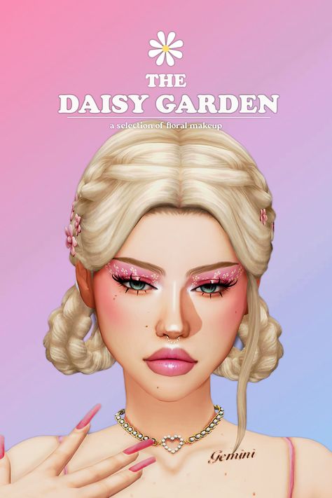 🌼 the daisy garden - a selection of floral makeup 🌼 | Lady Simmer Lady Simmer, Garden Makeup, Mod Makeup, Soft Girl Makeup, Daisy Garden, Makeup Cc, Floral Makeup, Sims 4 Cc Shoes, Retro Makeup