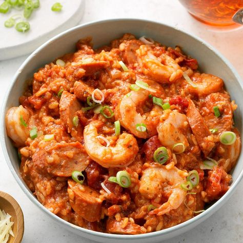 Slow-Cooker Jambalaya Risotto Recipe | Taste of Home Andouille Sausage Recipes, Slow Cooker Jambalaya, Dump Dinners, Jambalaya Recipe, Gumbo Recipe, Andouille Sausage, Risotto Recipes, Andouille, Jambalaya