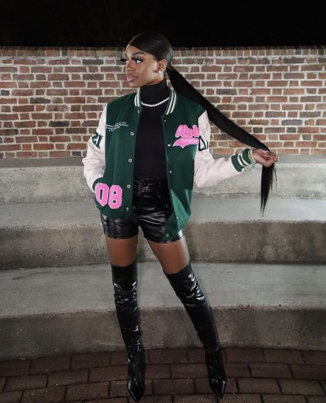 Aka Line Jacket Outfit, Aka Jackets Alpha Kappa Alpha, Aka Letterman Jacket, Aka Legacy Pictures, Aka Varsity Jacket, Line Jacket Outfit Sorority, Aka Probate Outfits, Alpha Kappa Alpha Outfits, Aka Homecoming Outfits