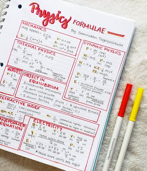 Handmade notes made for physics formulae using brush pens, pilot gel pen and markers. follow my Instagram for more Physical Education Notes, Handmade Notes, Education Notes, Studie Hacks, Physics Formulas, Note Ideas, Physics Notes, Notes Aesthetic, College Notes