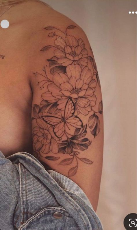 Upper Arm Feminine Tattoos, Magnolia Tattoo On Shoulder, Womens Shoulder Cap Tattoo Ideas, Arm Tattoo Plus Size Women, Upper Arm Women Tattoo, Motherhood Sleeve Tattoo, Outer Shoulder Tattoo, Roses Sleeve Tattoo Women, Women’s Arm Tattoos