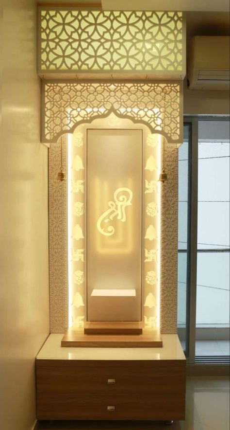 Temple At Home Design, Mandir Kaman Cnc Design, Temple Design For Flat, Cnc Work Design, Temple Cnc Design, Pooja Unit Cnc Design, Corian Temple Design For Home, Cnc Temple Design, Temple Cnc Design For Home