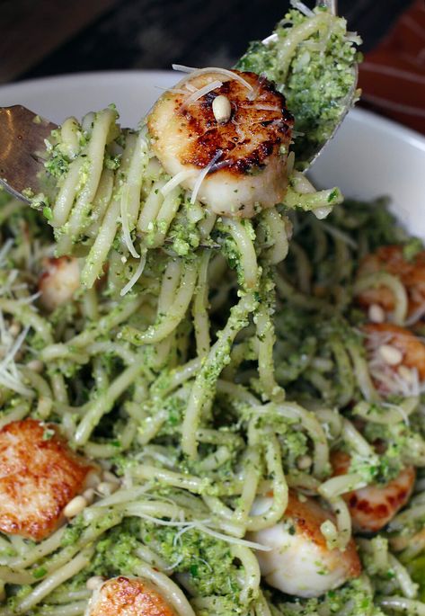 Garlic Scape Pesto Bucatini And Scallops Pesto Scallops Pasta, Scallop Pesto Pasta, Pesto Fettucini, Pesto Bucatini, Scape Recipes, Husband Food, Scape Pesto, Garlic Scape Pesto, 2024 Meals