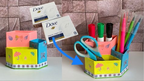 Pen Holder Design Diy Crafts, How To Make Pen Organizer, How To Make Pen Stand With Bottle, Pen Stand From Plastic Bottle, Dove Beauty Cream, Best Out Of Waste Pen Stand, Dove Soap, Diy Pen, Desk Organiser