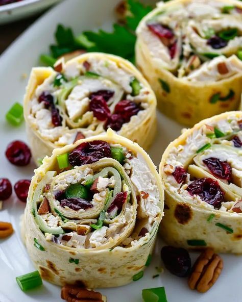 Chicken Cranberry Pinwheels - Miarecipes Chicken Salad Roll Ups, Chicken Cranberry Pecan Salad, Cranberry Pecan Salad, Chicken Wrap Recipes Easy, Chicken Cranberry, Salad Roll, Cranberry Chicken Salad, Pecan Chicken Salads, Can Chicken Recipes