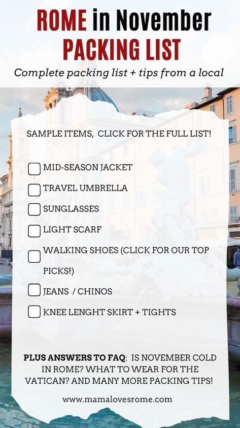 Full packing list for Rome in November and answer to questions such is November cold in Rome? How to dress in Rome in November, what to wear to visit the Vatican? Find out what to pack for Rome in November with this packing list by a local! November In Rome Outfits, What To Pack For Italy In November, What To Wear In Rome In November, Rome In November Outfits, What To Wear In Italy In November, Packing List For Italy, Rome In November, Rome November, Rome Packing List