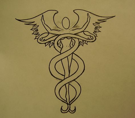 Caduceus by ~BluWntrHrizn on deviantART Caduceus Tattoo Feminine, Healer Tattoo Symbols, Caduceus Tattoo Nurse, Ophiuchus Tattoo, Healer Tattoo, Medicine Tattoo, Caduceus Tattoo, Dna Drawing, Wonder Woman Artwork