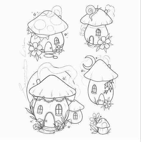 Mushrooms And Snails Drawing, Gnome House Tattoo, Gnome Home Drawing, How To Draw A Fairy House, Mushroom Fairy House Tattoo, Fairy Garden Drawing Ideas, Mushroom Ghost Tattoo, Mushroom Home Drawing, Mushroom House Tattoo