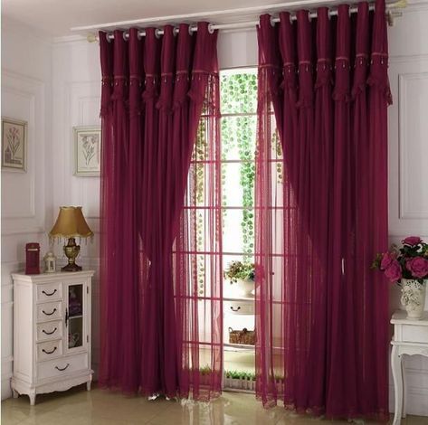 Living Room Curtains Design Ideas | Window Sheer Curtains Blinds Home Decor | Home Interior Design Red Curtains Living Room, Maroon Curtains, Curtains Design Ideas, Burgundy Curtains, Burgundy Living Room, Color Curtains, Curtains Design, Living Room Drapes, Wine House