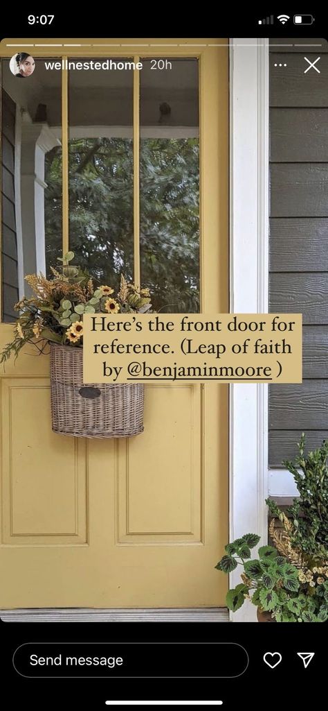 Grey House White Trim Yellow Door, Boho Front Door Paint Colors, Yellow Front Door Tan House, Farmhouse With Yellow Door, Mustard Front Door Brick House, Exterior Door And Shutter Color Ideas, Yellow French Doors, Butter Yellow Front Door, Leap Of Faith Benjamin Moore Front Door