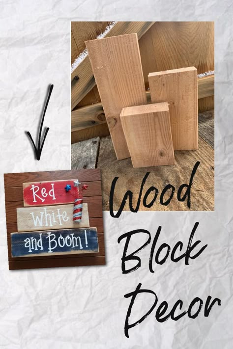 DIY decor for all seasons shipped to your door monthly! https://roostandrestore.com/diy-decor-box/ Wood Block Decor, 2x4 Crafts, Americana Crafts, Block Decor, Wooden Snowmen, Scrap Wood Crafts, Wood Block Crafts, 4th July Crafts, Wood Scraps