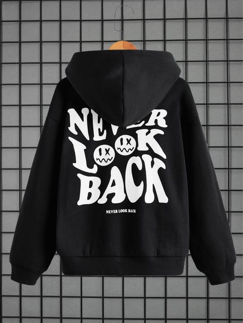 Black Casual Collar Long Sleeve Knitted Fabric Cartoon,Slogan Pullovers Embellished Slight Stretch  Boys Clothing Casual Denim Jeans, Drop Shoulder Hoodie, Boys Sweatshirts, Cartoon Pattern, Boys Hoodies, Boys Casual, Boys Clothing, Print Pullover, Casual Denim