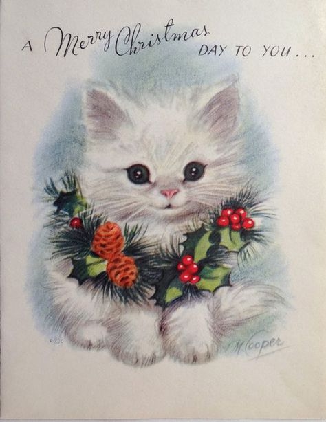 Precious kitten wishing you a Merry Christmas Images Noêl Vintages, Cat Christmas Cards, Vintage Holiday Cards, Christmas Kitten, Vintage Christmas Images, Christmas Graphics, Old Christmas, Old Fashioned Christmas, Christmas Past