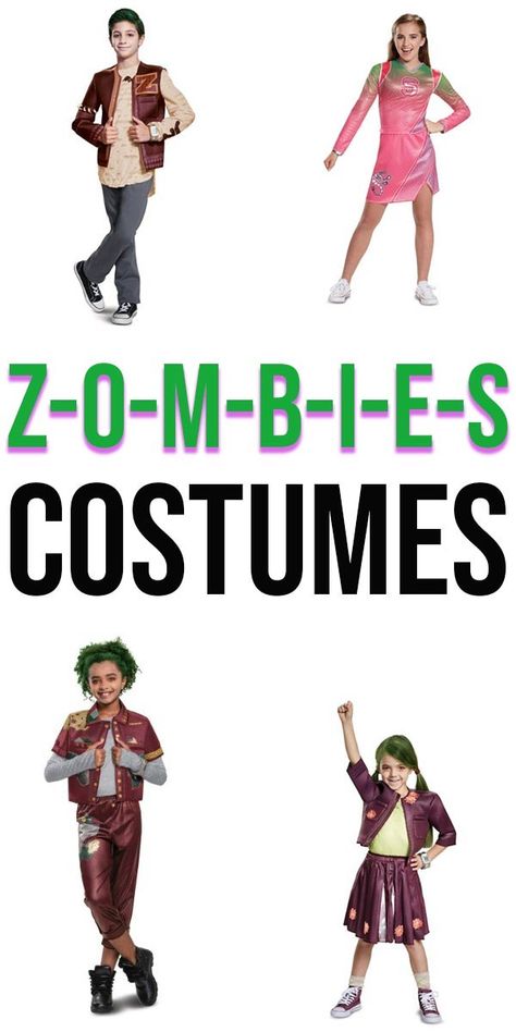 Does your child love to sing along to the Disney Zombies movie? They can have fun and dress up like non-scary zombies with these Disney Zombies Costumes - perfect for Halloween or pretend play. They can also dress up like Addison, the human cheerleader. Click to see what you need to complete these looks. #Disney #Halloween #Halloweencostumes #kidcostumes #DisneyZombies #dressup #zombiecostume Wynter Zombies 2 Costumes Diy, Disney Zombies Costumes, Girl Zombie Costume, Zombie Costume Kids, Zombies Movie, 2 Halloween Costumes, Zombie Dress, Zombie Halloween Costumes, Werewolf Costume