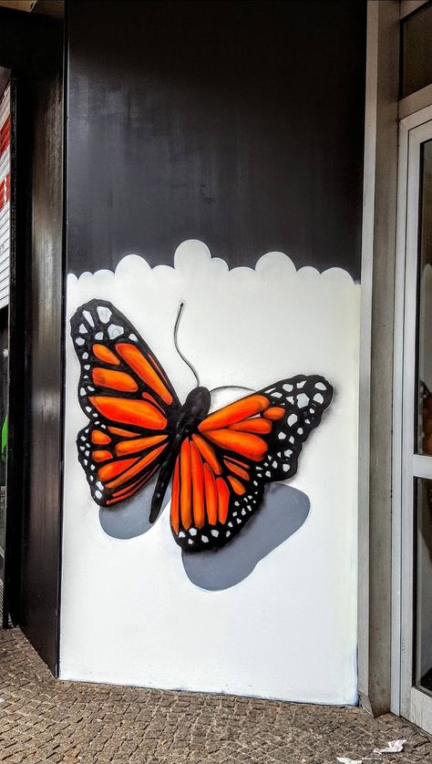 Terrace Mural Ideas, Butterfly Mural, Mural Butterfly, Butterfly Mural Wall Painting, Dragonfly Mural, Butterfly Wings Mural, Painted Bedroom Doors, Switch Board Painting Wall Art Butterfly, Cycle Painting