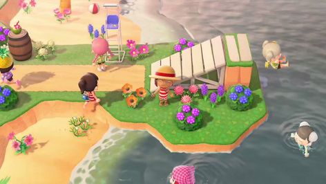 Acnh Sitting Area, Acnh Areas, Acnh Beach, Flower Stall, Stall Design, Stall Designs, Beach Ideas, Into The Water, New Animal Crossing