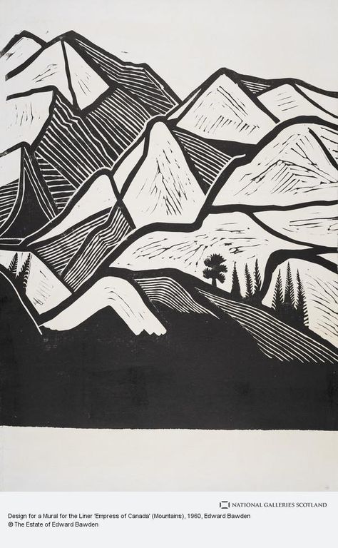 Design for a Mural for the Liner 'Empress of Canada' (Mountains) | National Galleries of Scotland Edward Bawden, Mountains And Lake, Linoleum Print, Linocut Printmaking, Lino Art, Gallery Of Modern Art, Relief Printing, Linocut Art, White Drawing