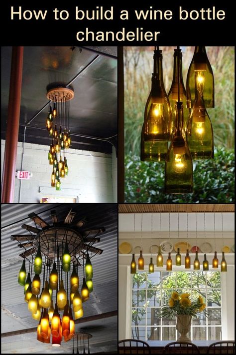 Learn how to build a cool wine bottle chandelier - Your Projects@OBN | Wine bottle chandelier, Bottle chandelier, Wine bottle diy crafts Diy Wine Bottle Chandelier, Used Bottles Ideas, What To Do With Old Wine Bottles, Crafts For Wine Bottles, Lights Made From Wine Bottles, Wine Bottle Hanging Lights, Wine Glass Light Fixture, Glass Bottle Chandelier Diy, Glass Bottle Light Ideas