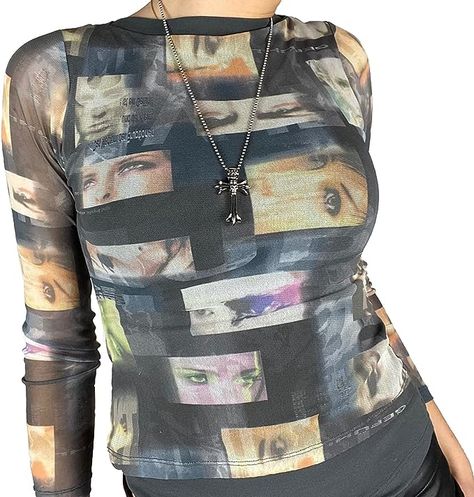 Full Sleeve Crop Top, Womens Printed Tops, Mode Punk, Slim Fit Crop Top, Grunge Shirt, 2 Piece Skirt Set, Mesh T Shirt, E Girl, Harajuku Streetwear