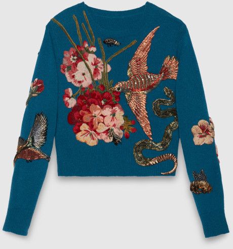 Ladies Stylish Tops, Gucci Sweater, Womens Knit Tops, Crop Top Designs, Woolen Sweaters, Metallic Sweater, Blue Knit Sweater, Cropped Knit Sweater, Embroidered Wool