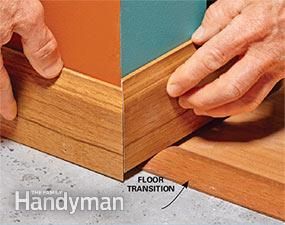 Floor Trim Transition, Installing Baseboard Trim, Baseboard Transition Ideas, Baseboard Transitions, Floor Transitions, Trim Carpentry, Baseboard Trim, Finish Carpentry, Trim Work