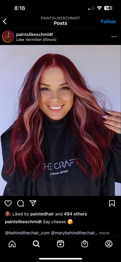 Burgundy Hair With Pink Peekaboos, Dark Red Hair With Rose Gold Highlights, Wine Hair With Pink Money Piece, Dark Red Hair Pink Money Piece, Wine Red Hair With Pink Money Pieces, Burgandy Hair Blonde Highlights, Red With Money Piece Hair, Wine And Pink Hair, Red Violet Hair With Blonde Money Piece